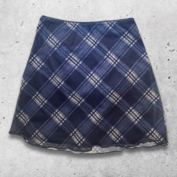 Cider Plaid Skirt Flowy Elastic Waistband Scalloped Trim Plaid Pattern Blue XXS - Picture 4 of 9